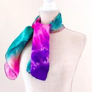 Yesildal Ipek Tie dye 100% silk scarf, square, aqua, purple, pink